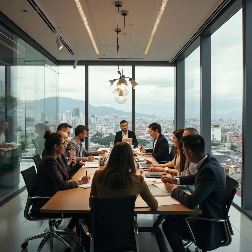Equipo de consultores reunidos en oficina moderna en Bogotá